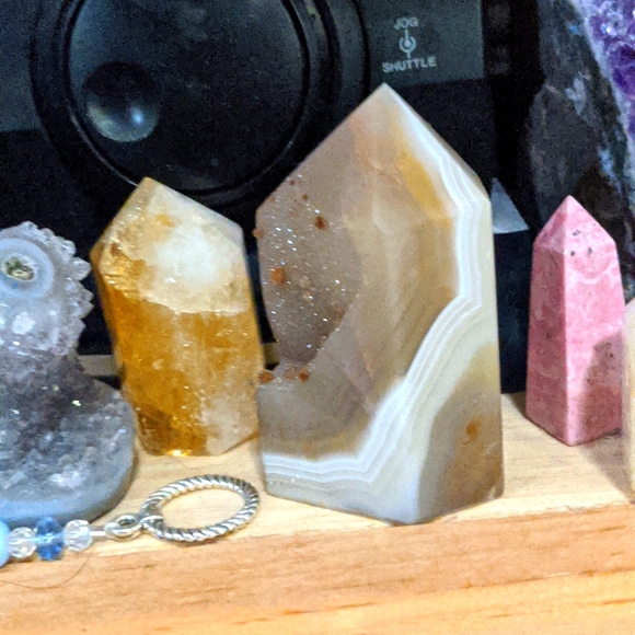 Orca Agate Jewelry - "Fuzzies" Druzy orca agate mini tower glows orange in the sun